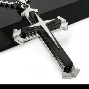 Men's Black and Silver Stainless Steel Cross Pendant And Chain